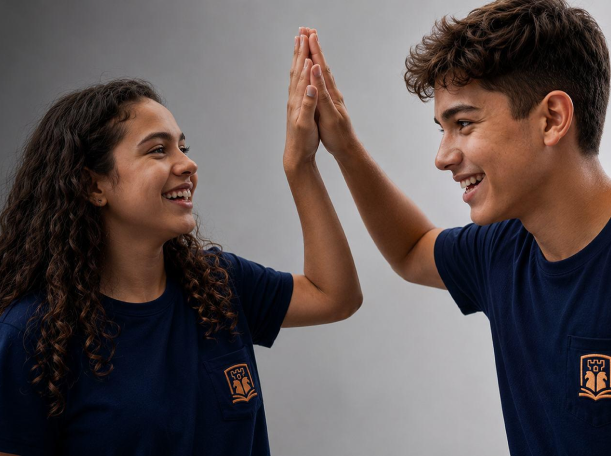 Dois estudantes do Instituto Manager comemorando com um toque de mãos